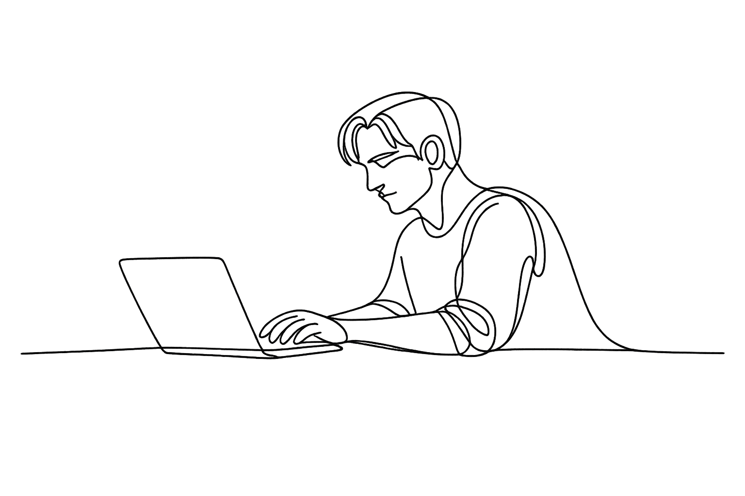 One-line illustration of a person typing on a laptop